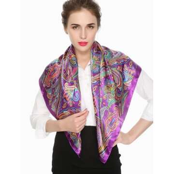 corciova 35 x 35 Satin Square Silk Hair Scarf Wrap Headscarf Purple Paisley Curly Headband Sleeping ...