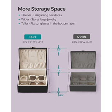 SONGMICS 2-Layer Jewelry Box, Jewelry Organizer with Handle, Removable Jewelry Tray, Jewelry Storage, Floating Effect, 8.1 x 9.4 x 4.3 Inches, Christmas Gift, Black UJBC165B01