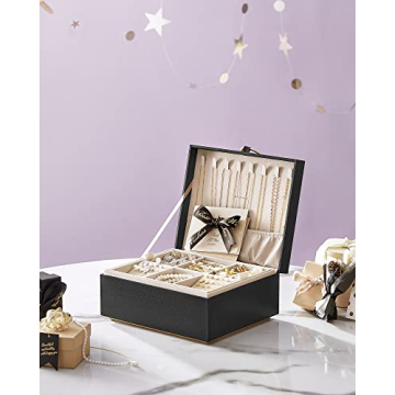 SONGMICS 2-Layer Jewelry Box, Jewelry Organizer with Handle, Removable Jewelry Tray, Jewelry Storage, Floating Effect, 8.1 x 9.4 x 4.3 Inches, Christmas Gift, Black UJBC165B01