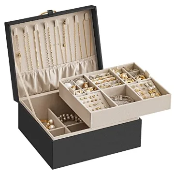 SONGMICS 2-Layer Jewelry Box, Jewelry Organizer with Handle, Removable Jewelry Tray, Jewelry Storage, Floating Effect, 8.1 x 9.4 x 4.3 Inches, Christmas Gift, Black UJBC165B01
