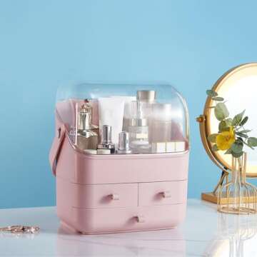 SUNFICON Preppy Skincare Organizers Pink Makeup Organizer Holder Beauty Cosmetic Storage Box Large Display Case Dust Free Cover Portable Handle 2 Rroomy Drawers Gift Great For Bathroom Countertop