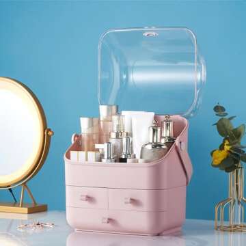 SUNFICON Preppy Skincare Organizers Pink Makeup Organizer Holder Beauty Cosmetic Storage Box Large Display Case Dust Free Cover Portable Handle 2 Rroomy Drawers Gift Great For Bathroom Countertop