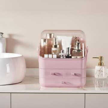 SUNFICON Preppy Skincare Organizers Pink Makeup Organizer Holder Beauty Cosmetic Storage Box Large Display Case Dust Free Cover Portable Handle 2 Rroomy Drawers Gift Great For Bathroom Countertop