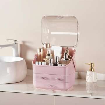 SUNFICON Preppy Skincare Organizers Pink Makeup Organizer Holder Beauty Cosmetic Storage Box Large Display Case Dust Free Cover Portable Handle 2 Rroomy Drawers Gift Great For Bathroom Countertop