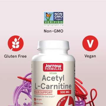 Jarrow Formulas® Acetyl L-Carnitine 500 mg, Dietary Supplement, Amino Acid Support for Brain Health and Antioxidants, 120 Veggie Capsules, 120 Day Supply