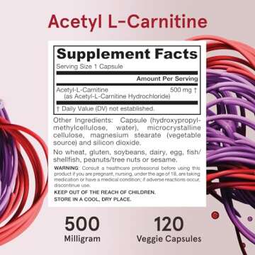 Jarrow Formulas® Acetyl L-Carnitine 500 mg, Dietary Supplement, Amino Acid Support for Brain Health and Antioxidants, 120 Veggie Capsules, 120 Day Supply
