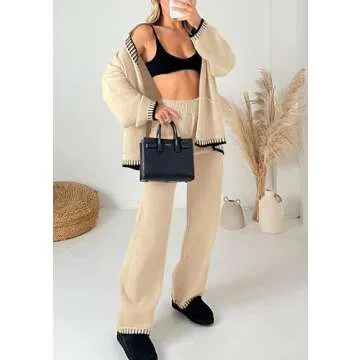 PRETTYGARDEN Women's 2 Piece Outfits Knit Matching Lounge Sets Long Sleeve V Neck Cardigan Sweaters Wide Leg Pants Tracksuits (Beige,Medium)
