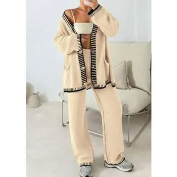 PRETTYGARDEN Women's 2 Piece Outfits Knit Matching Lounge Sets Long Sleeve V Neck Cardigan Sweaters Wide Leg Pants Tracksuits (Beige,Medium)
