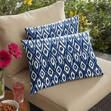 Sorra Home Indoor Outdoor Lumbar Pillows, Set of 2, 2 Count (Pack of 1), Indigo Blue & White