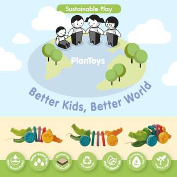 PlanToys Dancing Alligator Push & Pull Toy - Sustainably Made from Rubberwood, Makes Click-Clack Sounds and Dancing Movements when Pulled (Rainbow)