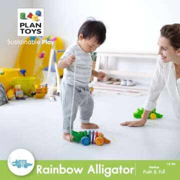 PlanToys Dancing Alligator Push & Pull Toy - Sustainably Made from Rubberwood, Makes Click-Clack Sounds and Dancing Movements when Pulled (Rainbow)