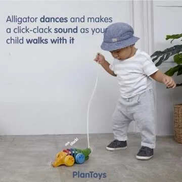 PlanToys Dancing Alligator Push & Pull Toy - Sustainably Made from Rubberwood, Makes Click-Clack Sounds and Dancing Movements when Pulled (Rainbow)