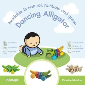 PlanToys Dancing Alligator Push & Pull Toy - Sustainably Made from Rubberwood, Makes Click-Clack Sounds and Dancing Movements when Pulled (Rainbow)