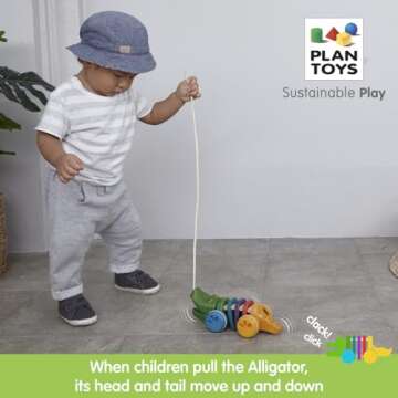 PlanToys Dancing Alligator Push & Pull Toy - Sustainably Made from Rubberwood, Makes Click-Clack Sounds and Dancing Movements when Pulled (Rainbow)