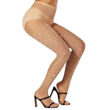 DancMolly Sexy Sparkly Fishnet Tights Ultra Durable Rhinestone Mesh Stockings High Waist Glitter Party Concert Outfit