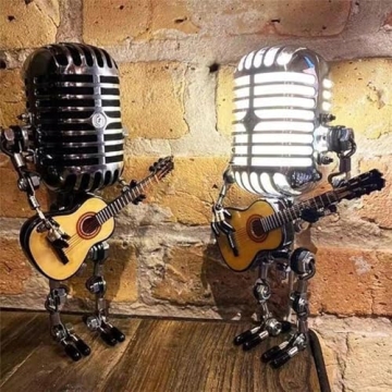 haccen Vueeze Mic Rockbot, Sherum Mic Rockbot, Dotmalls Mic Rockbot, Retro Style Microphone Robot Table Lamp, Holding Guitare Vintage Night Light, Metal Microphone Robot Lamp