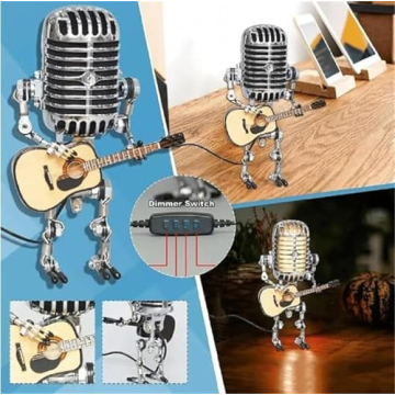 haccen Vueeze Mic Rockbot, Sherum Mic Rockbot, Dotmalls Mic Rockbot, Retro Style Microphone Robot Table Lamp, Holding Guitare Vintage Night Light, Metal Microphone Robot Lamp