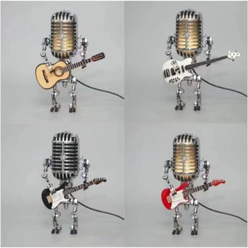 haccen Vueeze Mic Rockbot, Sherum Mic Rockbot, Dotmalls Mic Rockbot, Retro Style Microphone Robot Table Lamp, Holding Guitare Vintage Night Light, Metal Microphone Robot Lamp