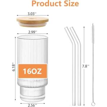 AFINSEA 16OZ Ribbed Glass Cups with Lids and Straws - Vintage Drinkware