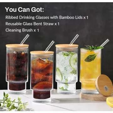AFINSEA 16OZ Ribbed Glass Cups with Lids & Straws