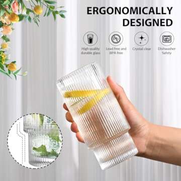 AFINSEA 16OZ Ribbed Glass Cups with Lids & Straws