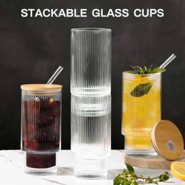 AFINSEA 16OZ Ribbed Glass Cups with Lids & Straws