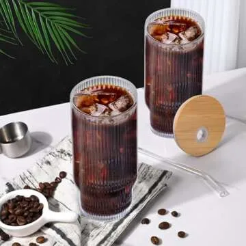 AFINSEA 16OZ Ribbed Glass Cups with Lids & Straws