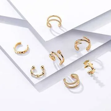Sloong 10pcs Sparkling Ear Cuff pack Gold Dainty Helix Earrings Huggie Stud Cuff Earrings for women Earring Set | Clip On Cartilage non pierced