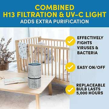 Veva White Circular Air Purifier, Compact and Modern with UV-C Light, HEPA Filter, 3 Speed Settings, Soft Light, 220 sqft coverage