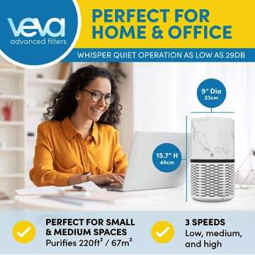 Veva White Circular Air Purifier, Compact and Modern with UV-C Light, HEPA Filter, 3 Speed Settings, Soft Light, 220 sqft coverage