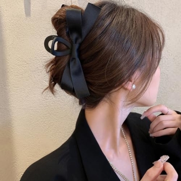 TOBATOBA Bow Hair Clips, 2Pcs Black Ribbon Clips for Women Girls, Claw Barrette for Thick Thin Hair, Nonslip Hair Accessories for Christmas Gifts