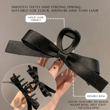 TOBATOBA Bow Hair Clips, 2Pcs Black Ribbon Clips for Women Girls, Claw Barrette for Thick Thin Hair, Nonslip Hair Accessories for Christmas Gifts