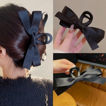 TOBATOBA Bow Hair Clips, 2Pcs Black Ribbon Clips for Women Girls, Claw Barrette for Thick Thin Hair, Nonslip Hair Accessories for Christmas Gifts