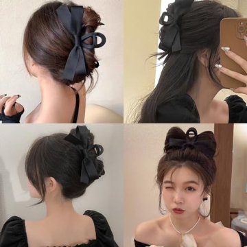TOBATOBA Bow Hair Clips, 2Pcs Black Ribbon Clips for Women Girls, Claw Barrette for Thick Thin Hair, Nonslip Hair Accessories for Christmas Gifts