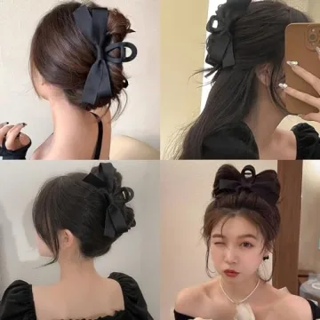 TOBATOBA Bow Hair Clips, 2Pcs Black Ribbon Clips for Women Girls, Claw Barrette for Thick Thin Hair, Nonslip Hair Accessories for Christmas Gifts