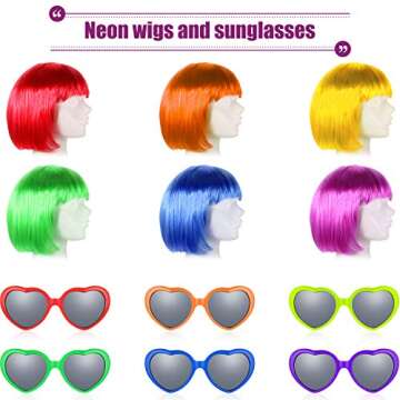 WILLBOND 12 Pieces Colorful Party Wigs and Sunglass Set, Neon Short Bob Wig Sunglass Pack Costume Cosplay Wig Daily Party Hairpieces for Neon Halloween Party Favors Decorations