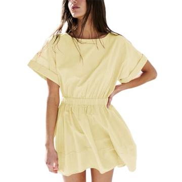 Mingzhu Women's Summer Short Sleeve Mini Dress - Open Back A Line Sundress with Pockets