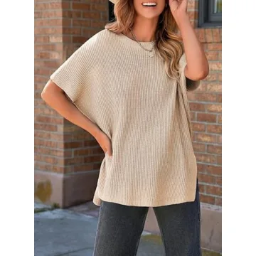 SHEWIN Womens Tops Casual Short Sleeve Sweater for Women Loose Oversized Shirts Crewneck Summer Tops 2025 Teacher Outfits for Women Apricot Small