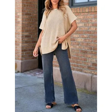 SHEWIN Womens Tops Casual Short Sleeve Sweater for Women Loose Oversized Shirts Crewneck Summer Tops 2025 Teacher Outfits for Women Apricot Small