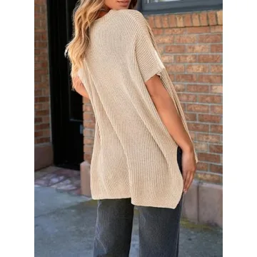 SHEWIN Womens Tops Casual Short Sleeve Sweater for Women Loose Oversized Shirts Crewneck Summer Tops 2025 Teacher Outfits for Women Apricot Small