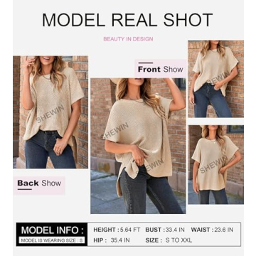 SHEWIN Womens Tops Casual Short Sleeve Sweater for Women Loose Oversized Shirts Crewneck Summer Tops 2025 Teacher Outfits for Women Apricot Small