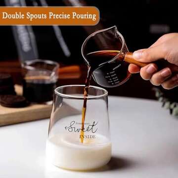 COFISUKI Double Spouts Measuring Triple Pitcher Milk Cup 75ML Espresso Shot Glass Espresso Accessories with Wood Handle for Barista Coffee Espresso Making (1 Pack)