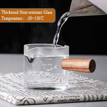 COFISUKI Double Spouts Measuring Triple Pitcher Milk Cup 75ML Espresso Shot Glass Espresso Accessories with Wood Handle for Barista Coffee Espresso Making (1 Pack)