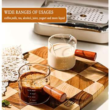 COFISUKI Double Spouts Measuring Triple Pitcher Milk Cup 75ML Espresso Shot Glass Espresso Accessories with Wood Handle for Barista Coffee Espresso Making (1 Pack)