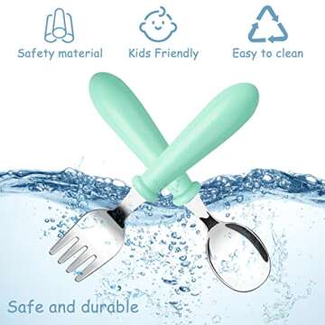 Pimoys 6 Pieces Toddler Utensils Stainless Steel Baby Forks and Spoons Set Kids Silverware Children's Flatware Metal Cutlery Set with Round Handle, 3 x Cute Forks,3 x Children Spoons