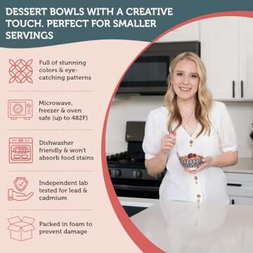 Annovero 10 Oz Ice Cream Bowls - Small Bowl for Serving Dips, Snack, Dessert, Side Dish - Colorful Decorative Porcelain for Kitchen - Microwave, Dishwasher, Oven Safe - Zero Lead & Cadmium, Set of 6