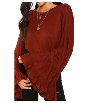 Floerns Women's 70s Western Flowy Bell Sleeve Blouse Tops Shirts Brown Red