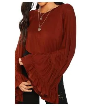 Floerns Women's 70s Western Flowy Bell Sleeve Blouse Tops Shirts Brown Red