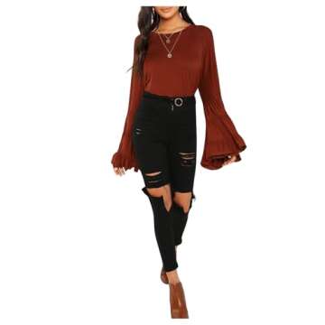 Floerns Women's 70s Western Flowy Bell Sleeve Blouse Tops Shirts Brown Red