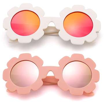 Hycredi Flexible Bendable Flower Baby Polarized Sunglasses with Strap Cute Shades for Newborn Infant Boys Girls Age 0-24 Months-White/Purple Red Mirror+Blue/Orange Red Mirror